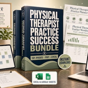 Peut inclure: Un ensemble Physical Therapist Practice Success Bundle comprenant un grand livre bleu foncé avec du texte blanc, une tablette affichant un planning hebdomadaire, un ordinateur portable avec un tableau de bord, une liste de tâches et des documents imprimés.