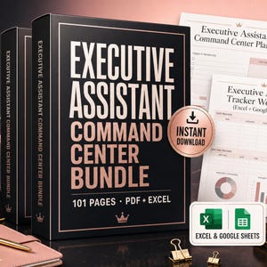 Peut inclure: Un ensemble Executive Assistant Command Center Bundle noir et or rose de 101 pages aux formats PDF et Excel. Comprend un planificateur, un classeur de suivi, un stylo doré, une agrafeuse et des pinces. Texte : Executive Assistant Command Center Bundle.