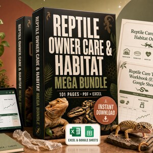 Op de afbeelding: Een Reptile Owner Care & Habitat Mega Bundle met een 101-pagina tellende PDF en Excel-tracker. De set bevat een bedrukte doos, een digitale tablet met een reptielenverzorgingstracker, een notitieboek en twee informatiebladen voor habitatbeheer.