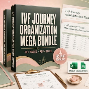 May include: A dark green binder labeled IVF Journey Organization Mega Bundle with 101 pages, PDF, and Excel. Includes a spiral notebook, appointment calendar, digital tracker sheets, and a laptop displaying data charts in a soft pastel color palette.