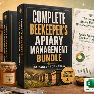 Może przedstawiać: Zestaw do zarządzania pasieką Complete Beekeeper's Apiary Management Bundle zawierający 101-stronicowy plik PDF i arkusz Excel. Czarne pudełko prezentuje tytuł złotymi literami, grafikę pszczoły i ula, wraz z dziennikiem i zeszytem ćwiczeń.