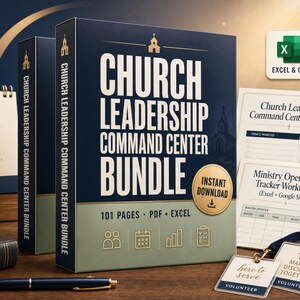 Peut inclure: Un ensemble de gestion de leadership d'église comprenant un classeur bleu foncé et vert sauge, un agenda à spirales, une tasse avec du texte, une Bible, un stylo et deux badges de bénévoles. Le lot contient 101 pages en format PDF et Excel.