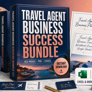 Può includere: Un Travel Agent Business Success Bundle composto da una scatola blu scuro con il testo Travel Agent Business Success Bundle, 103 pages, PDF + Excel e Instant Download. Include un passaporto, etichetta per bagagli, mappamondo e icone digitali.