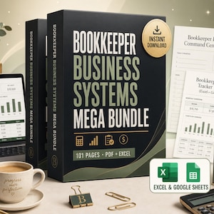 May include: A Bookkeeper Business Systems Mega Bundle binder with black cover and white text, featuring a gold instant download seal. Includes a laptop displaying financial dashboards, a coffee mug, a calculator, paper documents, and a file organizer.