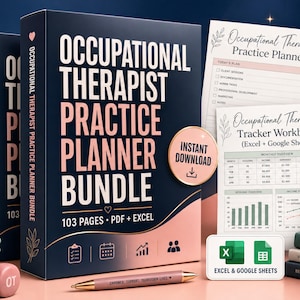 Peut inclure: Un ensemble de planificateur de pratique pour ergothérapeute comprenant une boîte bleu foncé et rose avec 103 pages en formats PDF et Excel. Inclut un planificateur, un classeur de suivi, un stylo, une tasse, un haltère et une balle verte texturée.