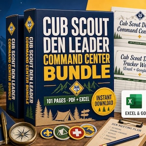 May include: A Cub Scout Den Leader Command Center Bundle featuring a dark blue box with white and yellow text, a spiral-bound notebook, a compass, four circular patches, a clipboard with a meeting plan, and a neckerchief with a slide.