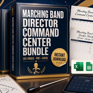 May include: A Marching Band Director Command Center Bundle featuring a 101-page PDF and Excel planner. The dark blue binder displays the title in white text, a gold emblem, and an instant download sticker. Includes a field drill chart and tablet.
