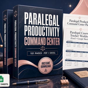 Peut inclure: Un classeur Paralegal Productivity Command Center et un ensemble de planificateurs numériques avec une couverture bleu foncé et des accents or rose, le texte 101 Pages PDF + Excel, une balance de justice dorée, un stylo, un trombone et un carnet.