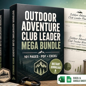 Peut inclure: Un ensemble de produits numériques Outdoor Adventure Club Leader Mega Bundle comprenant une boîte noire avec du texte blanc, 101 pages en format PDF et Excel, une gourde verte avec un logo de montagne, une boussole, une tasse et des pages de planning.