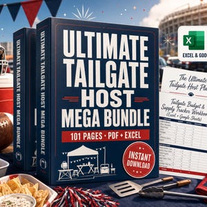 Könnte beinhalten: Ein dunkelblauer Ordner mit dem Titel Ultimate Tailgate Host Mega Bundle mit 101 Seiten im PDF- und Excel-Format. Das Set enthält ein Budget- und Versorgungs-Tracker-Arbeitsbuch, einen Football-Helm, einen Football, Snacks und Grillwerkzeuge.