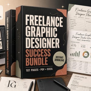 Può includere: Un pacchetto di prodotti digitali intitolato Freelance Graphic Designer Success Bundle, che include una scatola nera con accenti beige e terracotta, documenti stampati, un portatile, un campionario di colori e una tazza nera.