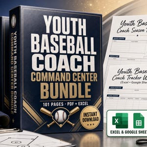 May include: A Youth Baseball Coach Command Center Bundle featuring a 101-page PDF and Excel workbook. The dark blue box displays the title in white and gold text, accompanied by a baseball and bat graphic, a coach's cap, a ball, and a whistle.