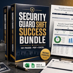 Può includere: Un pacchetto per il successo dei turni di sicurezza che include una cartella di lavoro PDF ed Excel di 101 pagine, un berretto di sicurezza nero, una radio ricetrasmittente, un badge di sicurezza, una penna nera, un modulo di rapporto e un tablet.