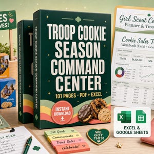 May include: A Troop Cookie Season Command Center kit featuring a 101-page PDF and Excel workbook, a Girl Scout Cookie Season planner, a sales tracker, a green tumbler with the text Troop goals, a pink pouch labelled Cookie funds, and sticky notes.