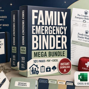 Peut inclure: Un ensemble Family Emergency Binder comprenant 101 pages aux formats PDF et Excel. Le kit inclut un classeur bleu foncé, une trousse de premiers secours, une gourde en métal, une lampe torche, des clés, une liste de contrôle et des intercalaires.