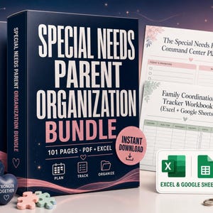 Peut inclure: Un ensemble d'organisation pour parents d'enfants à besoins spécifiques comprenant un coffret bleu foncé de 101 pages, PDF et Excel. Inclut un ours en peluche, un casque, un cœur marqué Stronger Together, des feuilles de planning et un cordon.