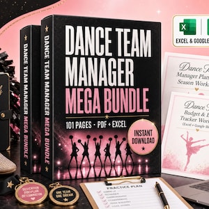 May include: A Dance Team Manager Mega Bundle featuring a black binder with pink text, a spiral notebook labelled Team Goals Plan Perform Succeed, two round gold medals, a practice plan sheet, and a laptop displaying a budget and event tracker.