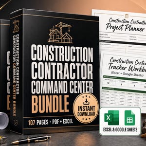 Peut inclure: Un ensemble Construction Contractor Command Center comprenant une boîte noire avec texte doré, 107 pages en formats PDF et Excel, un planificateur de projet, un classeur de suivi, un casque jaune, un mètre ruban, un stylo et des outils.