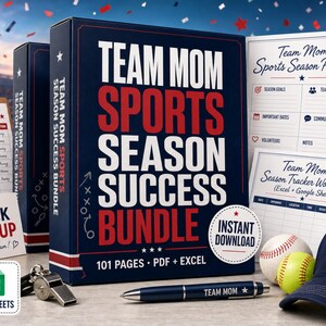 May include: A Team Mom Sports Success Bundle featuring a large dark blue box with white and red text, a game schedule clipboard, a snack sign-up card, a sports season planner, a tracker workbook, a whistle, a pen, a baseball, and a navy blue cap.