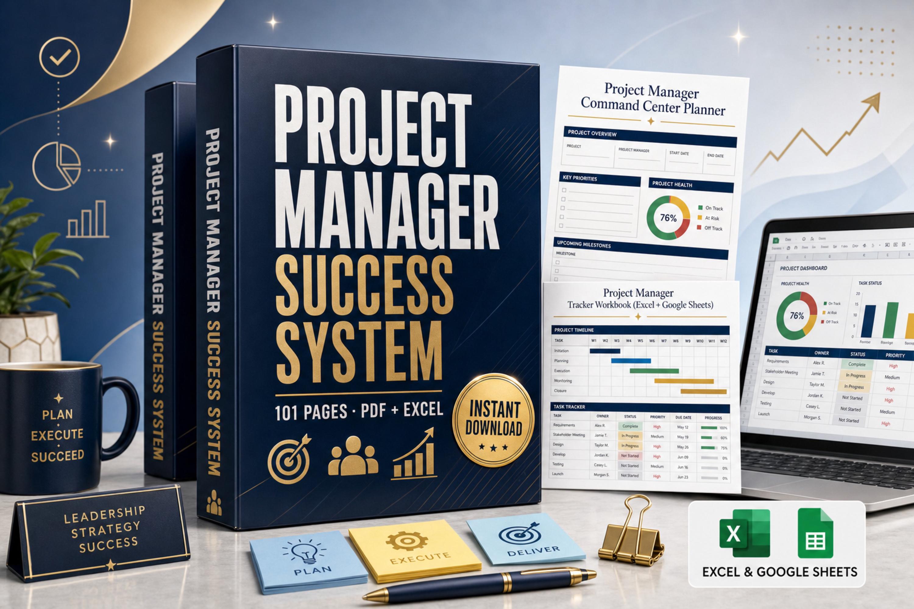 Project Manager Planner Bundle Tracker Workbook, AI Prompts & PM Templates Digital Download