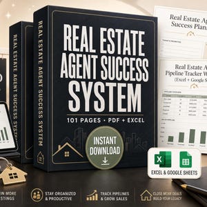 Peut inclure: Un classeur Real Estate Agent Success System avec 101 pages, fichiers PDF et Excel. Comprend un planificateur, un classeur de suivi de pipeline, une tablette affichant des données, un porte-clés en forme de maison et une tasse avec texte.