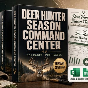 Op de afbeelding: Een digitale Deer Hunter Season Command Center productset met een PDF van 101 pagina's, Excel- en Google Sheets-trackers. De omslag toont een hert in een bos, de titeltekst en een badge voor directe download.