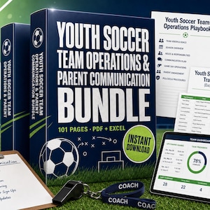 Peut inclure: Un ensemble numérique pour la gestion d'équipe de football jeunesse et la communication avec les parents, incluant un PDF de 101 pages, des modèles Excel et Google Sheets, une tablette avec tableau de bord, un presse-papier et un sifflet noir.