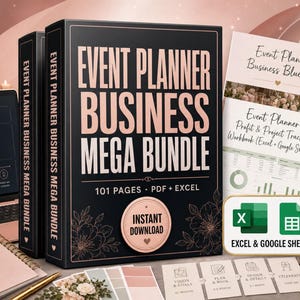Peut inclure: Un classeur noir intitulé Event Planner Business Mega Bundle avec du texte en or rose et des motifs floraux. Il comprend 101 pages aux formats PDF et Excel, un badge de téléchargement instantané, un ordinateur portable et divers documents.