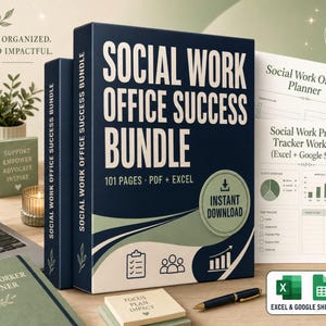 Puede incluir: Un paquete Social Work Office Success Bundle que incluye una carpeta azul oscuro con texto en blanco, un planificador de espiral Social Worker Planner y páginas impresas tituladas Social Work Office Planner y Social Work Practice Tracker Workbook.