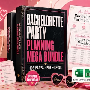 Peut inclure: Un classeur Bachelorette Party Planning Mega Bundle avec couverture noire et texte rose, incluant 103 pages en formats PDF et Excel. Comprend un planificateur, un suivi budgétaire, des cartes d'itinéraire, des lunettes en cœur et des flûtes.