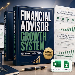 Peut inclure: Un classeur Financial Advisor Growth System de 101 pages, fichiers PDF et Excel, avec une couverture bleu foncé et du texte blanc et vert. Inclut un mug, un carnet, un stylo, un calendrier de bureau et des feuilles imprimées avec des graphiques.
