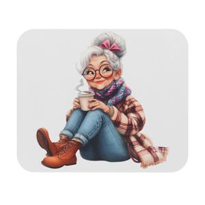 May include: A cartoon illustration of an elderly person with white hair in a bun, wearing round glasses, a pink hair bow, a plaid scarf, a plaid jacket, blue jeans, and brown lace-up boots, while holding a steaming white coffee cup.
