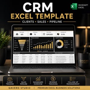 以下が含まれることがあります： Qavero StudioのCRM Excelテンプレートを表示するノートパソコンの画面。ダッシュボードには、セールスパイプラインのファネル、収益の棒グラフ、顧客ソースの円グラフ、タスク管理用の表など、データ可視化機能が含まれています。