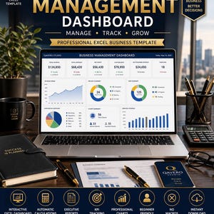 May include: A laptop screen displaying a Business Management Dashboard Excel template with financial charts, revenue trends, and task summaries. The interface includes data for total revenue, expenses, net profit, and client summaries, with text labels.