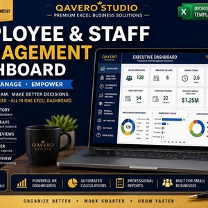 Pode incluir: Um modelo de Microsoft Excel para painel de gestão de funcionários e pessoal da Qavero Studio. A interface digital exibe um painel executivo com métricas sobre funcionários ativos, licenças, tempo de serviço, desempenho e status da força de trabalho.