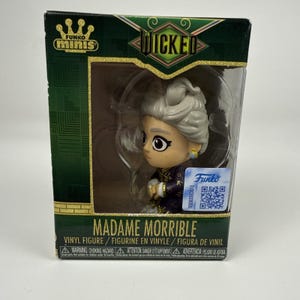 May include: A Funko Minis vinyl figure of Madame Morrible from Wicked, encased in a green and gold box with a clear window. The figure features stylized gray hair, large eyes, and a purple outfit. A Funko sticker with a QR code is on the window.