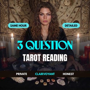 May include: A tarot reading service advertisement featuring the text 3 QUESTION TAROT READING, SAME HOUR, DETAILED, PRIVATE, CLAIRVOYANT, and HONEST. The image displays a person behind a table with candles, crystals, runes, and a small cauldron.