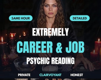 May include: A person in a dark hooded robe behind a table with candles, bowls, and runes. Text reads: SAME HOUR, DETAILED, EXTREMELY CAREER & JOB PSYCHIC READING, PRIVATE, CLAIRVOYANT, HONEST. The scene is dimly lit with warm candle flames and dark shadows.