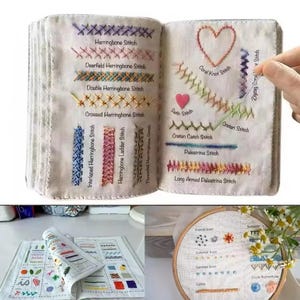 Puede incluir: Un libro de muestras de bordado en tela con varios patrones cosidos, incluyendo puntos de espiga, nudo de coral y cretense con etiquetas impresas. Las páginas muestran hilos coloridos sobre tela blanca junto a un bastidor de bordado.