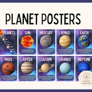 Può includere: Un set di dieci poster educativi sui pianeti che mostrano il Sole e i pianeti da Mercurio a Nettuno. Ogni poster presenta un corpo celeste su uno sfondo di nebulosa viola con testo, intitolato PLANET POSTERS e INSTANT DOWNLOAD.