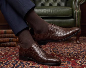 Brown Wholecut Oxford Shoes for Men | Crocodile Embossed Leather Dress Shoes | Luxury Formal Footwear | Groom Wedding Shoes & Executive Wear