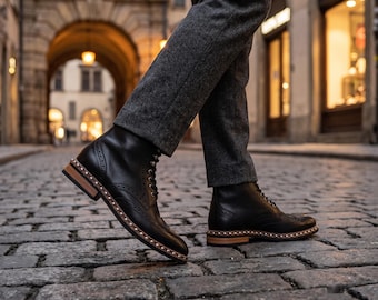 Handcrafted Black Leather Brogue Boots for Men | Studded Wingtip Ankle Boots | Custom Gothic Dress Footwear | Punk Luxury Leather Boots