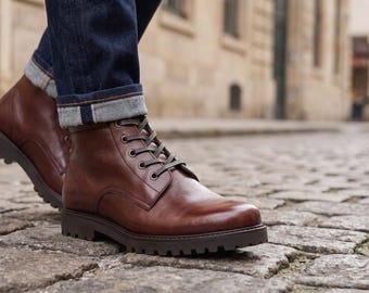 Handgemaakte bruine leren herenlaarzen | Enkellaarzen van volnerf kalfsleer met robuuste profielzool | Stijlvolle casual laarzen | Cadeau voor hem