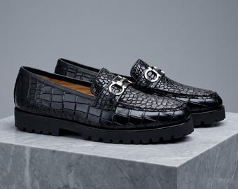 Handgefertigte schwarze Herren-Slipper aus Alligatorleder, Gancini-Schuhe mit klobiger Profilsohle, Geschenkidee für ihn