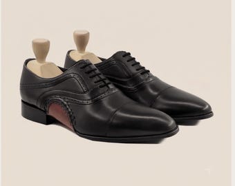 Męskie buty typu oksford ze skóry licowej, eleganckie buty Goodyear Welted, akcent w kolorze koniaku