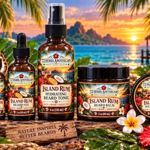 May include: A collection of 72 Herbs Apothecary Island Rum grooming products including beard oil in 0.5 oz and 1 oz bottles, a 4 oz hydrating beard tonic spray, a 2 oz beard balm jar, and a 1 oz solid cologne tin, all featuring tropical labels.