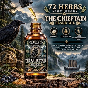 May include: A 2 oz. amber glass bottle of 72 Herbs Apothecary The Chieftain beard oil with a dropper. The label features a raven, mountain landscape, and text including Viking Warrior Collection. Includes icons for softening and conditioning.