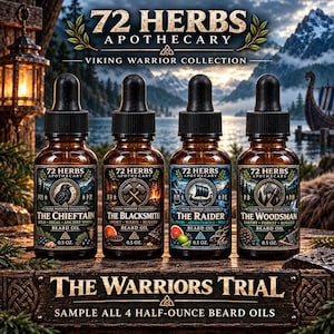 May include: Four amber glass dropper bottles of 0.5 oz beard oil labeled 72 Herbs Apothecary Viking Warrior Collection. The labels feature illustrations of a raven, hammers, a ship, and an axe, with the text The Chieftain, The Blacksmith, The Raider, and The Woodsman.