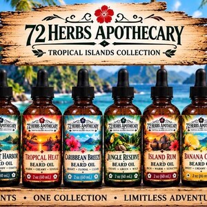 May include: Six 2 oz bottles of 72 Herbs Apothecary beard oil from the Tropical Islands Collection. The labels feature Coconut Harbor, Tropical Heat, Caribbean Breeze, Jungle Reserve, Island Rum, and Banana Coast scents with dropper caps.