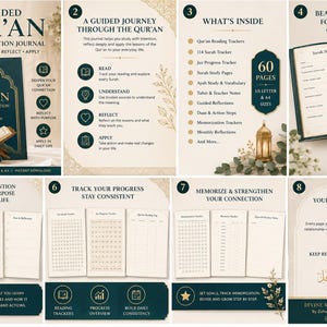 May include: A digital My Guided Qur'an Study & Reflection Journal featuring eight panels showing a dark teal spiral-bound book, reading trackers, surah progress charts, study pages, and reflection prompts with gold text and decorative floral accents.